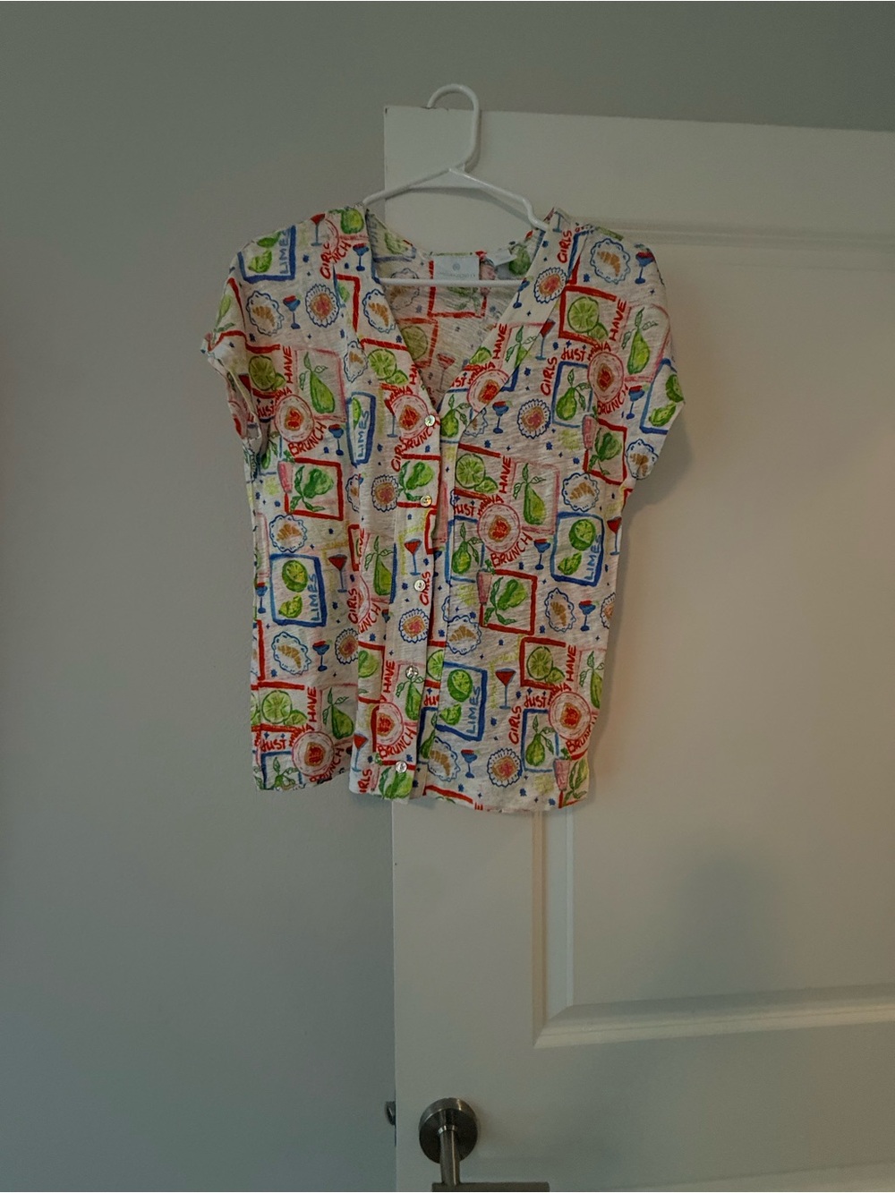 Cynthia Rowley White Button-Front Short Sleeve Top with Bright Print